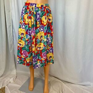 Vintage 80s 70s Midi Skirt Bright Floral Flower Print skirt Women’s Small Retro